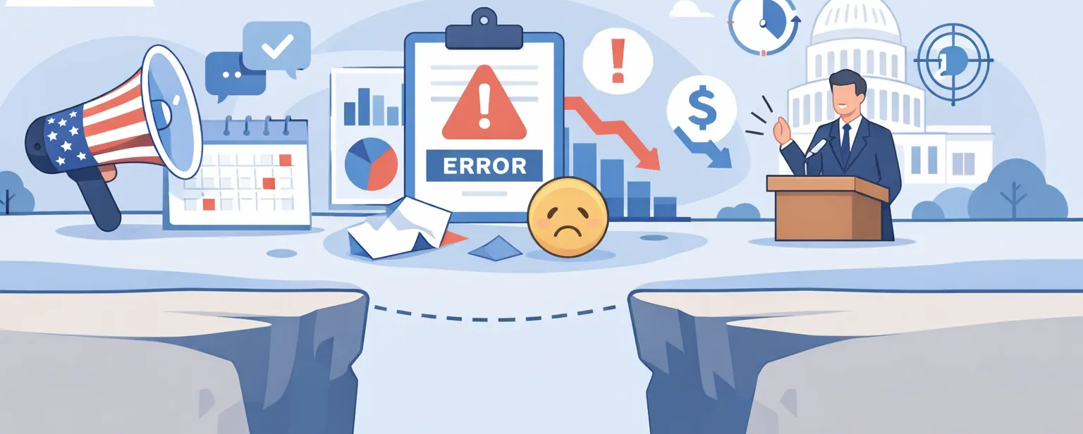 Illustration of US politics: A divided chasm separates symbols of economy, error, and a politician at a podium.