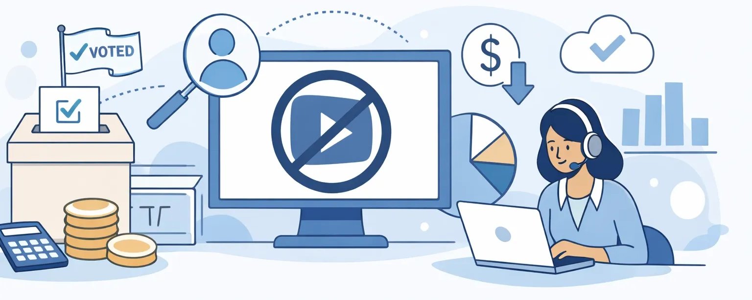 Illustration of voting, analysis, and support; a monitor with
