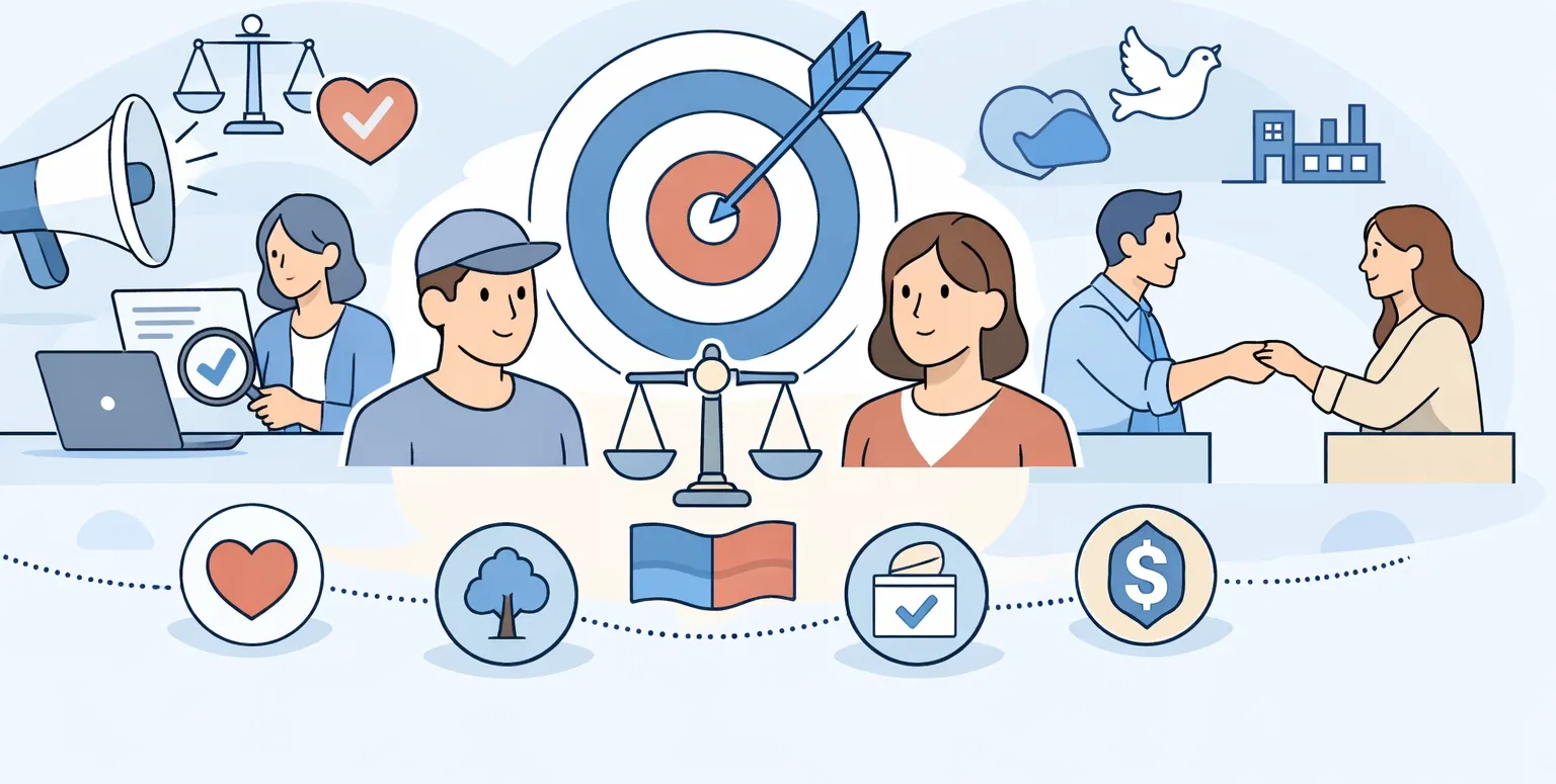 People around a bullseye and icons representing values like justice, heart, and finance.