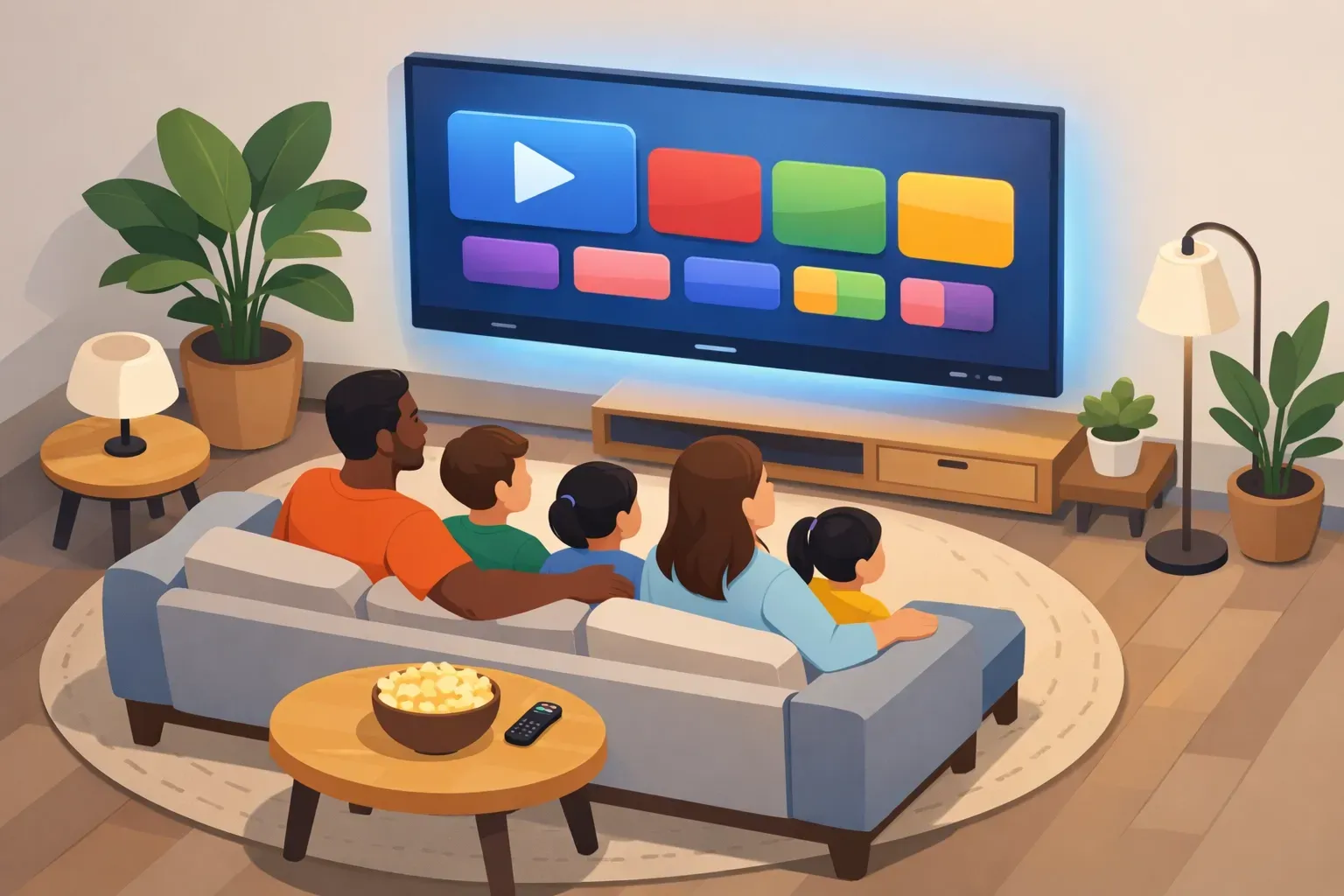 Family watching connected TV streaming services in modern living room