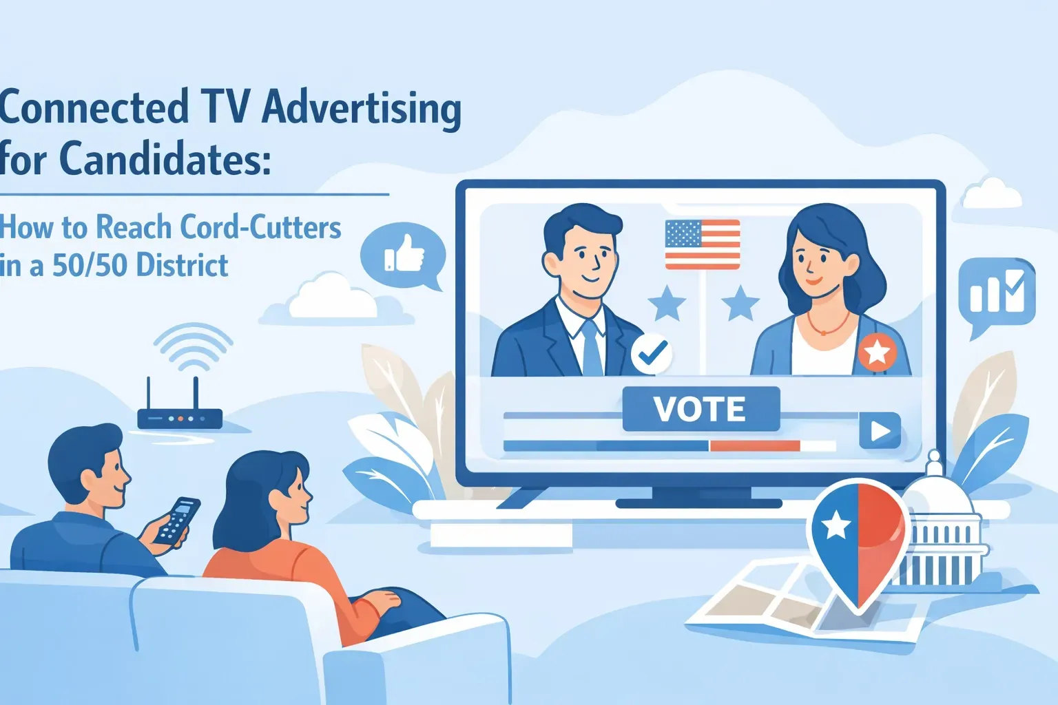 An infographic about Connected TV advertising for candidates, featuring people watching a political ad on a television.