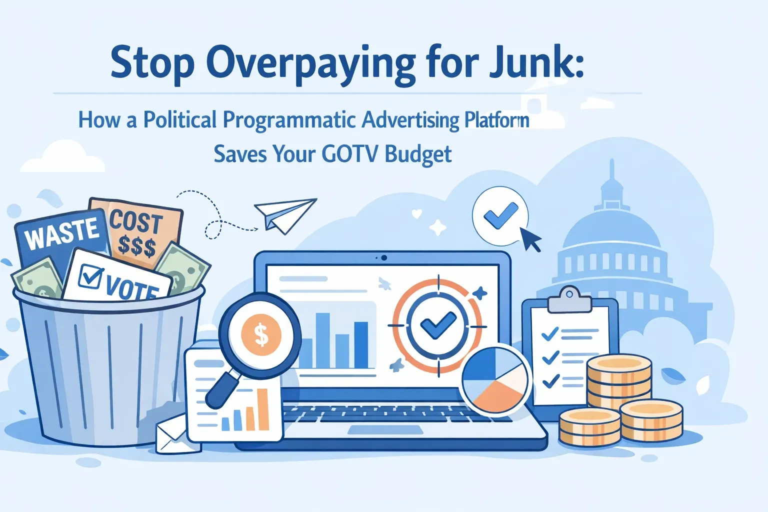 Graphic showing a laptop, data charts, and money in a trash bin to illustrate reducing wasted political ad spending.