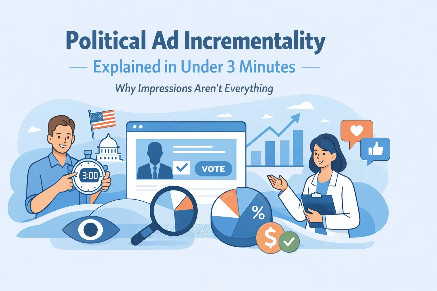 Illustration about political ad incrementality. Graphics include a person with an American flag, charts, and a website with a 