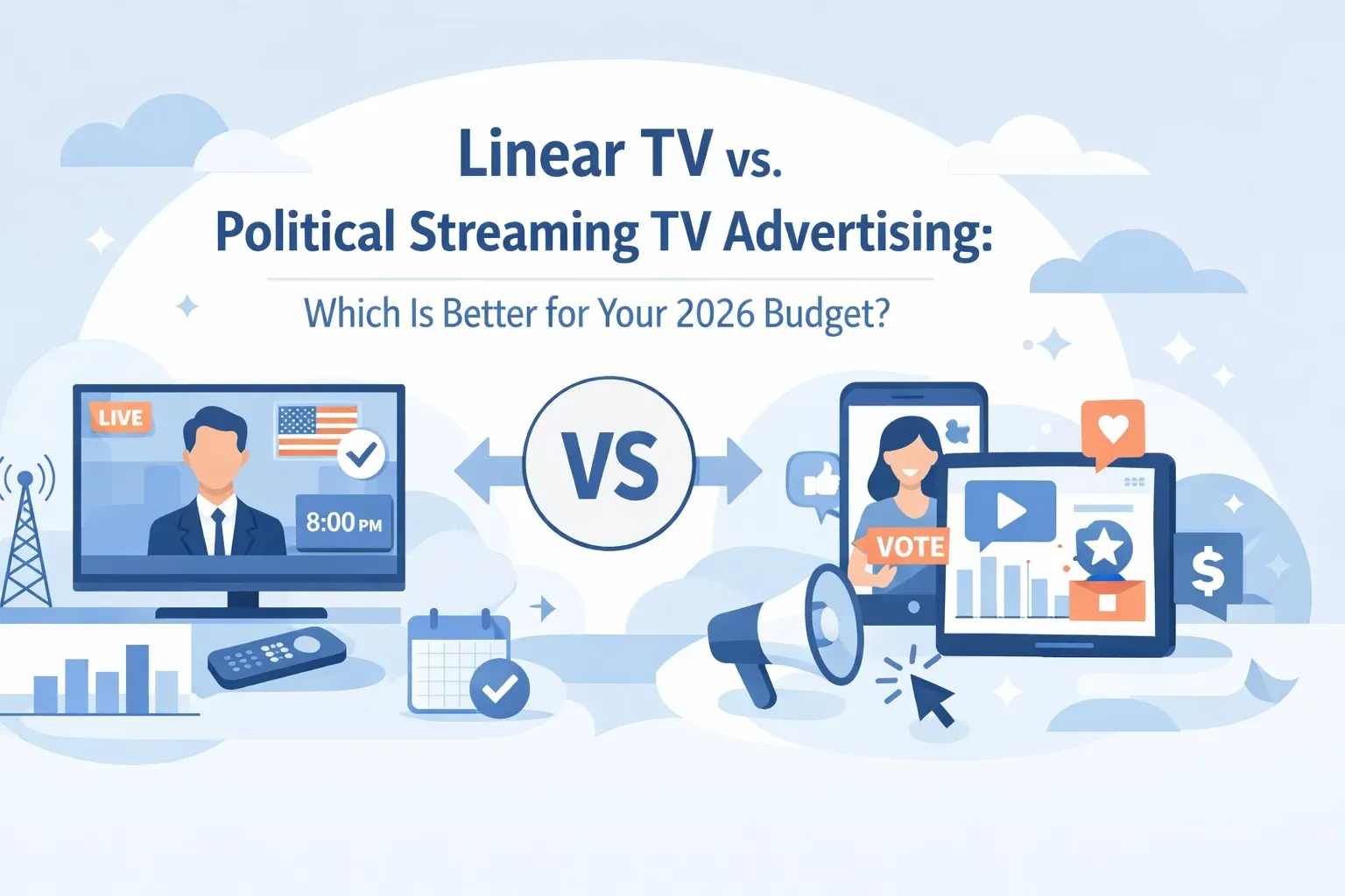 A graphic comparing linear TV and streaming TV advertising for a 2026 budget, featuring icons for both media formats.
