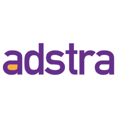 A purple adstra logo on a white background