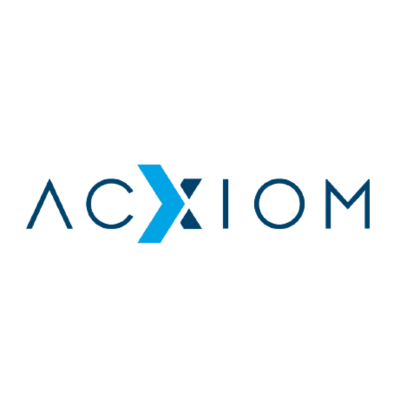 A blue and white logo for acxiom on a white background