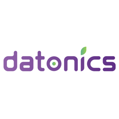 A purple and green logo for a company called datonics