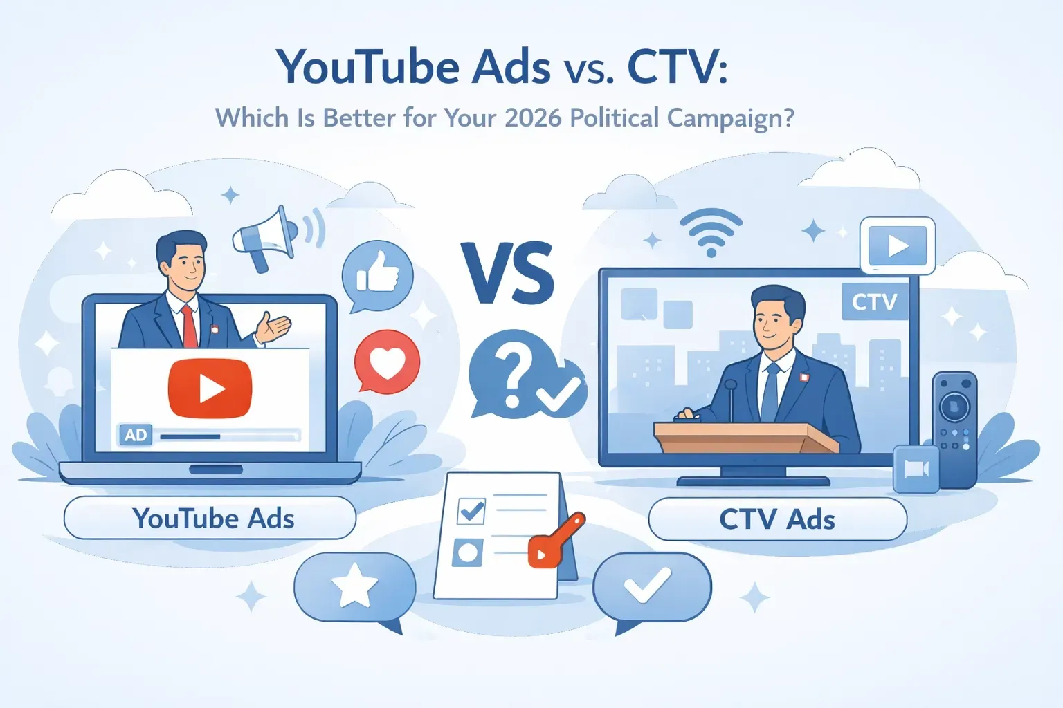 Comparison of YouTube Ads vs. CTV Ads for a 2026 political campaign. A man in a suit is on a laptop and a man on a TV screen.
