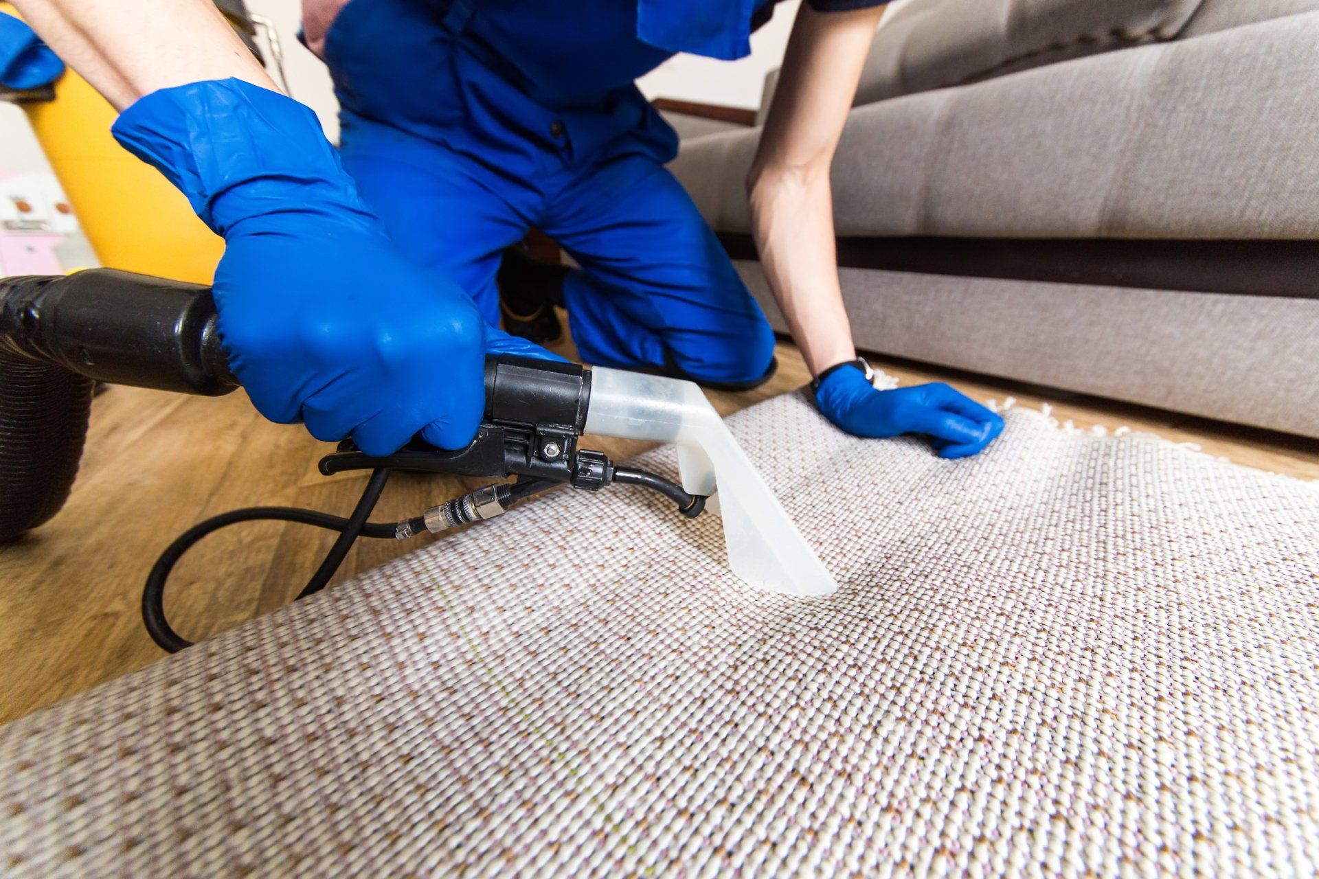 Man janitor in gloves and uniform vacuum clean white carpet with professional equipment