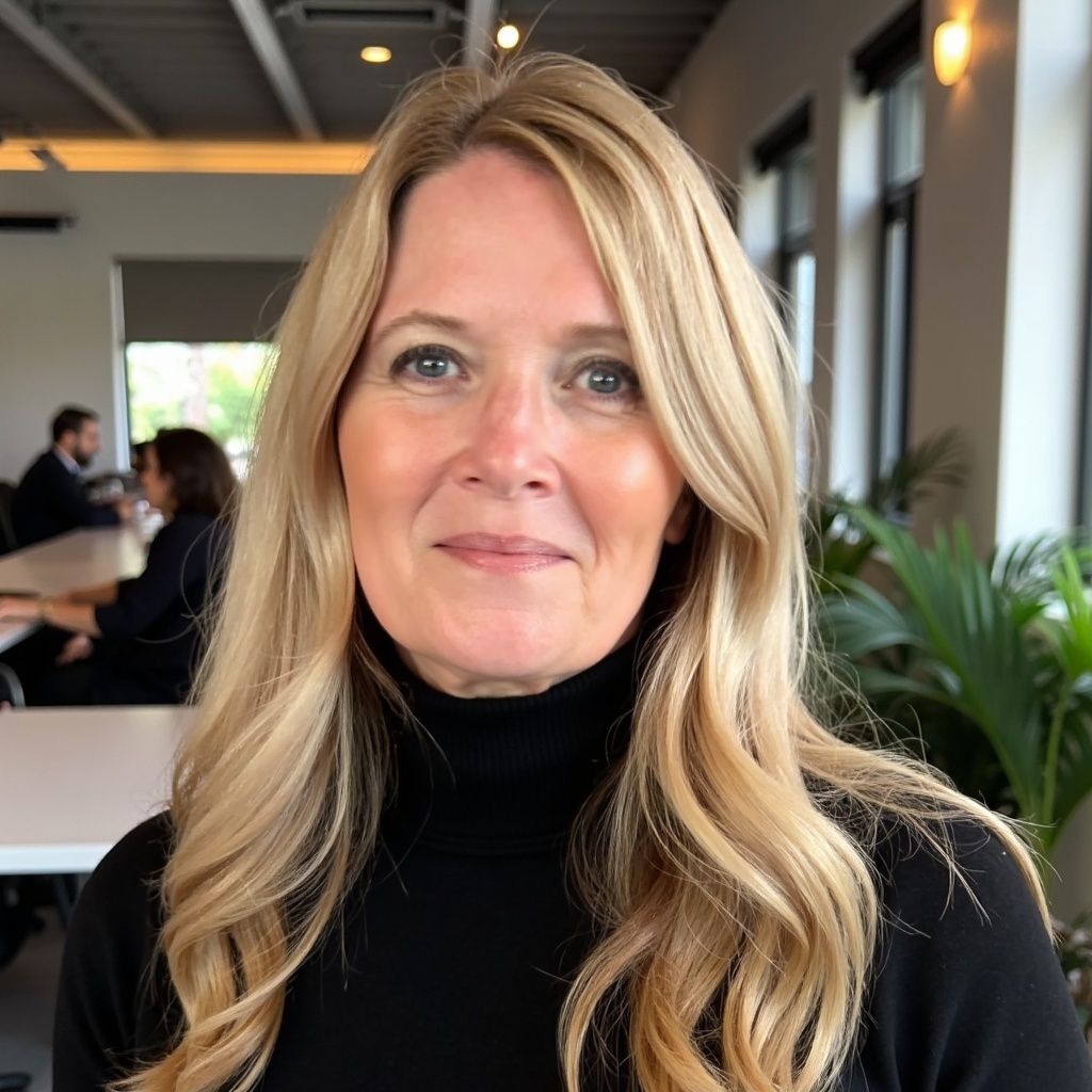 Blonde woman with fair skin, wearing a black turtleneck, smiling at the camera.