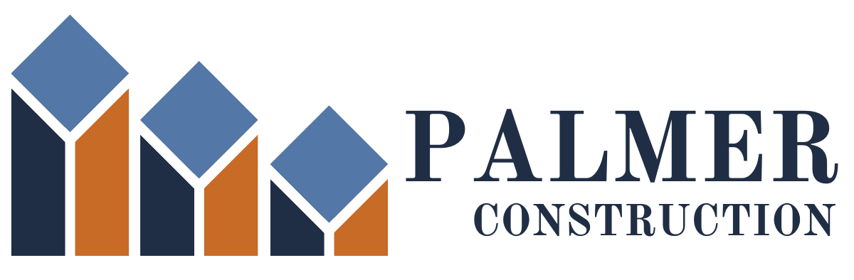 Palmer construction logo with orange, dark blue and green in a triangle pillar