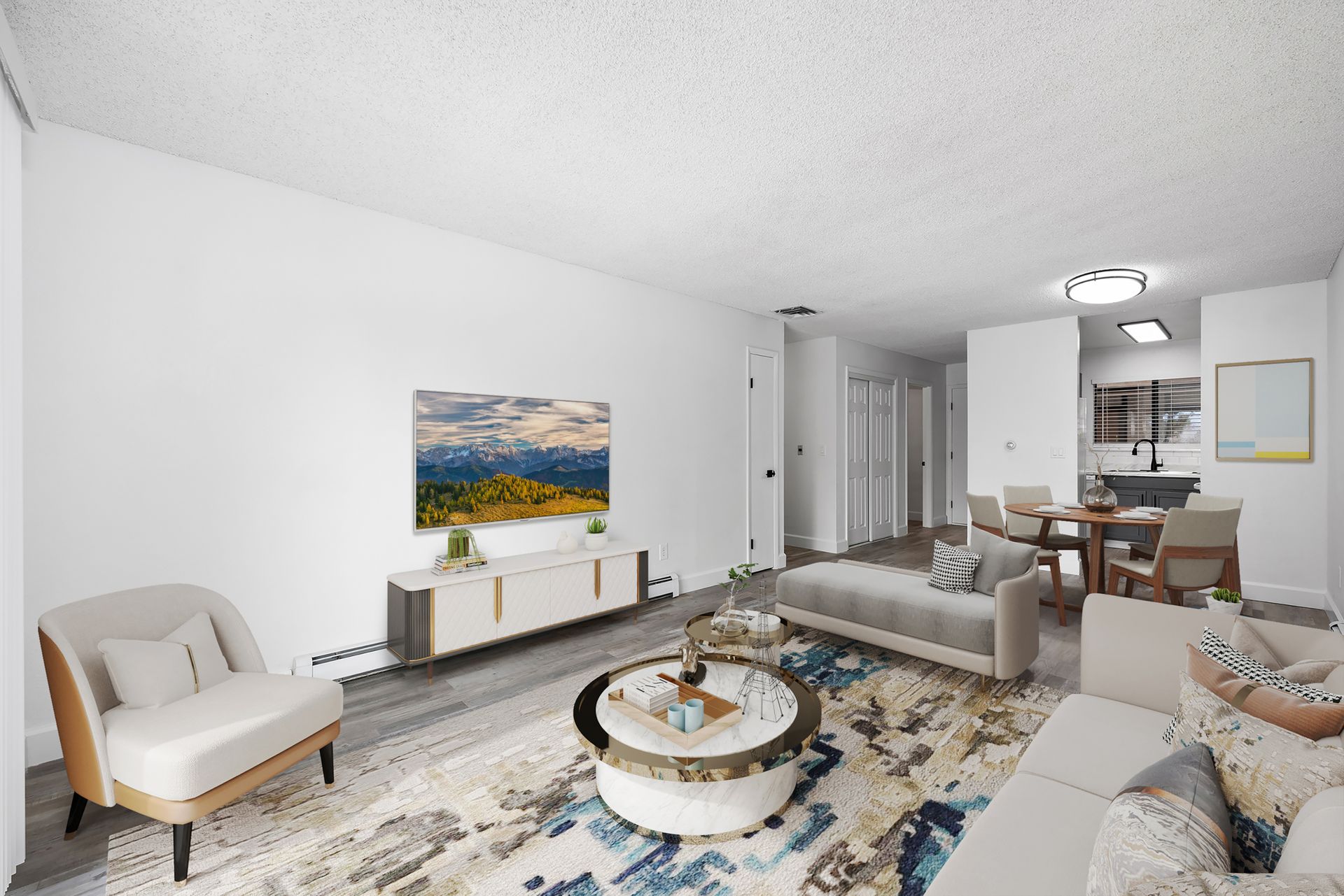 Photo of a living room, showing the hallway in the background