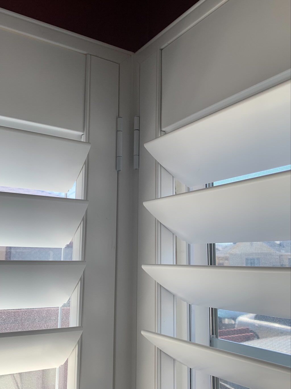 Close-up of the corner of a window with white interior plantation shutters angled to let light in.