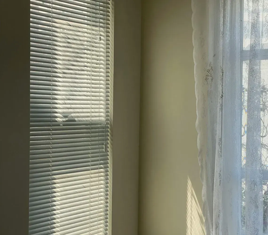 A tall window with horizontal blinds beside a window featuring a white lace curtain, casting light onto a beige wall.