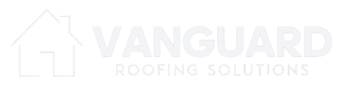 The logo for vanguard roofing solutions is a white logo with a house on it.