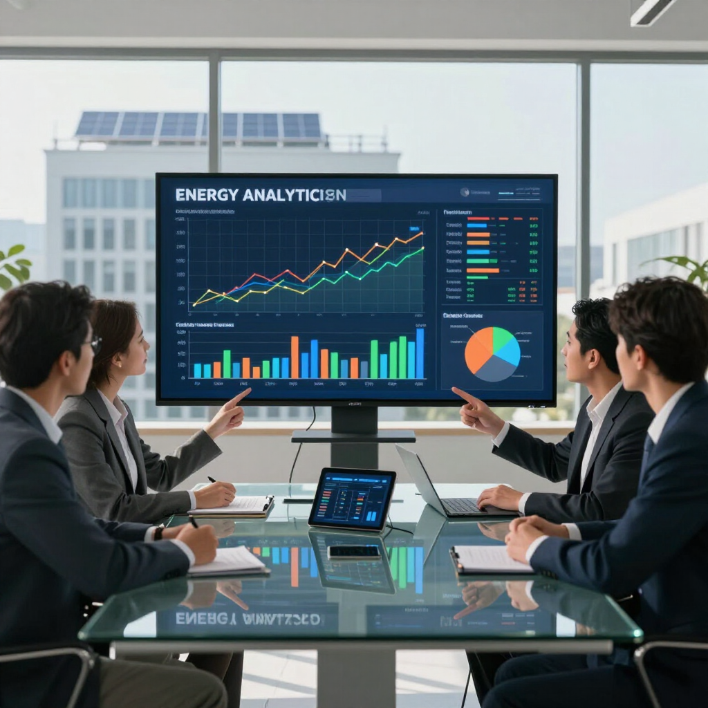 Business team analyzing colorful charts on a large screen in a modern conference room