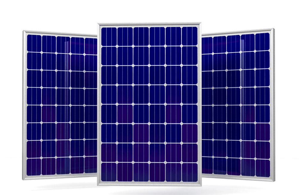 Solar panel installation on a roof with three workers. Blue panels, autumn trees.