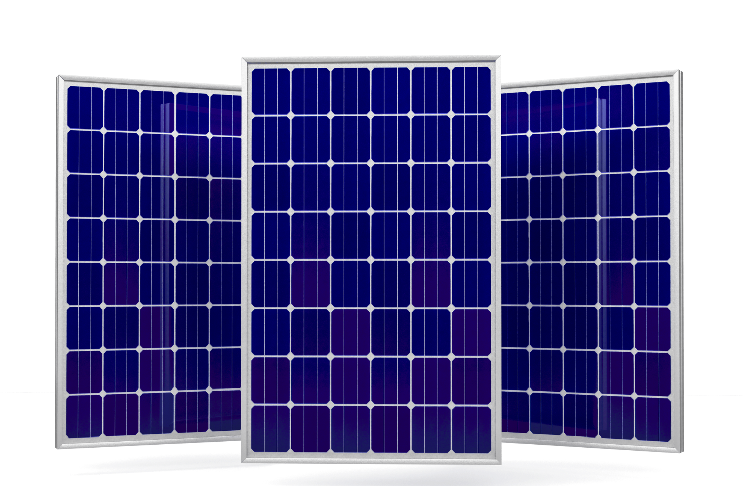 Solar panel installation on a roof with three workers. Blue panels, autumn trees.