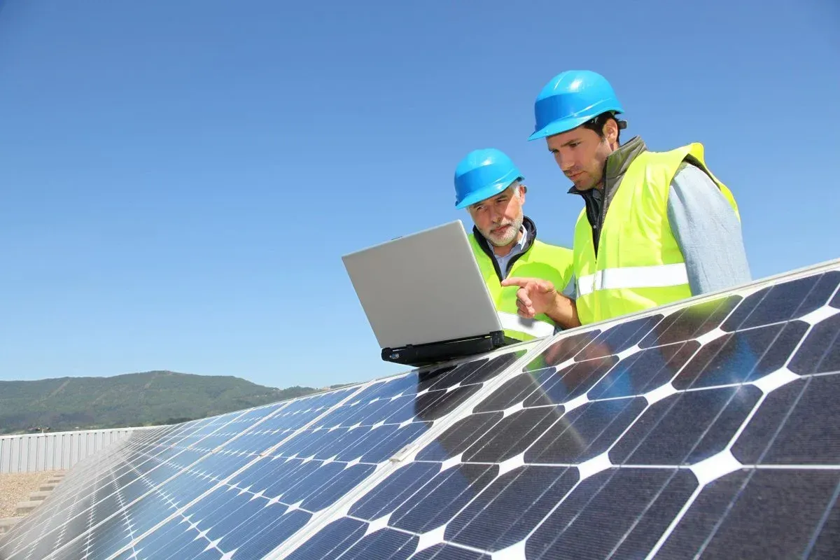 Two men in hard hats and vests inspect solar panels with a laptop on a sunny rooftop.