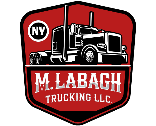 Red and black trucking logo with a semi-truck, NY circle, and text “M. Labagh Trucking LLC.”