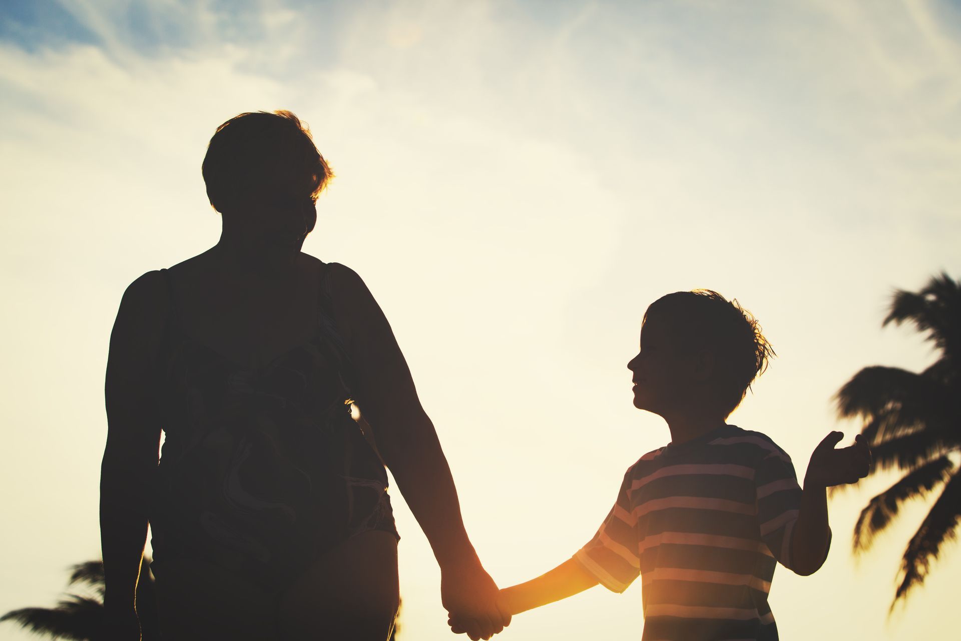 A man and a boy are holding hands at sunset.