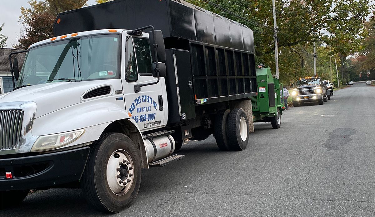 A dump truck is parked on the side of the road next to a tree chipper.