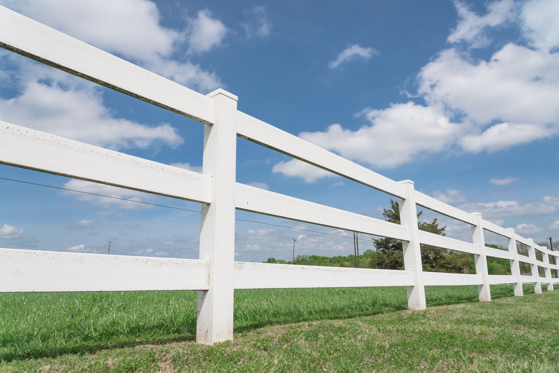 A white fence surrounds a grassy field with a blue sky in the background.