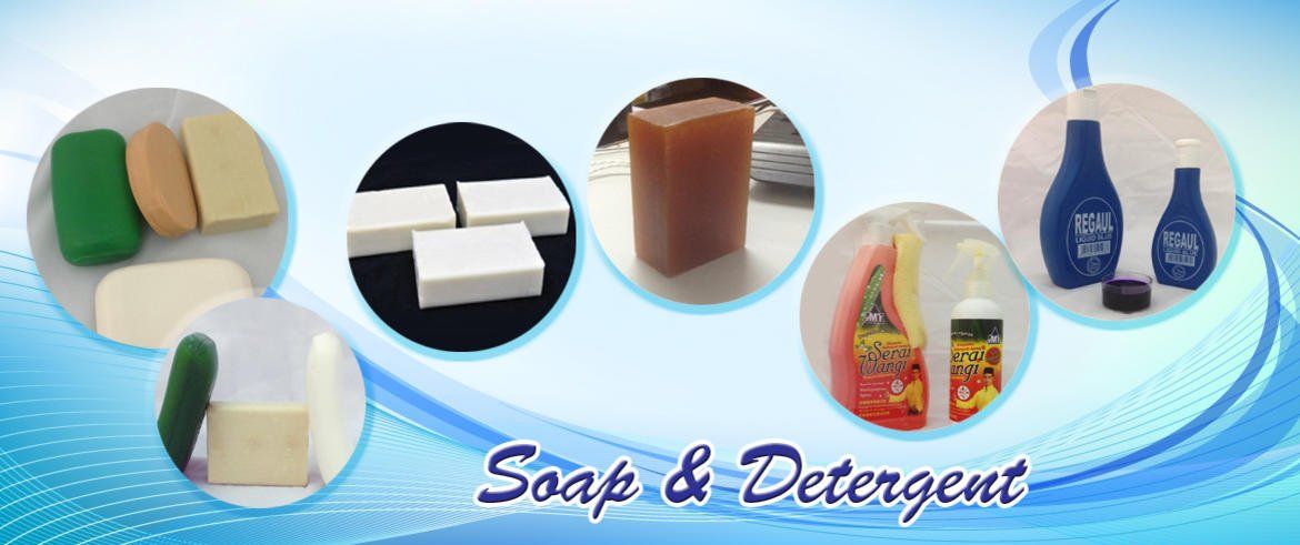 A collage of soap and detergent products on a blue background
