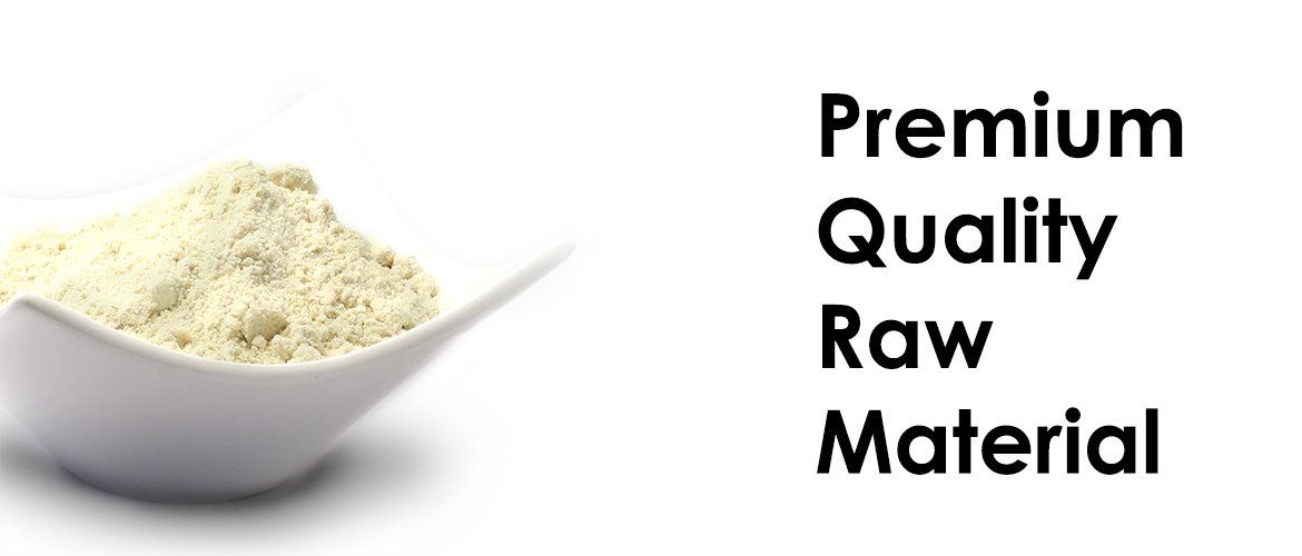 A white bowl filled with white powder next to the words premium quality raw material