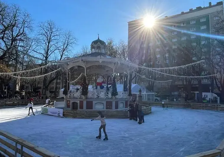 Un grupo de personas está patinando sobre hielo en una pista de un parque.