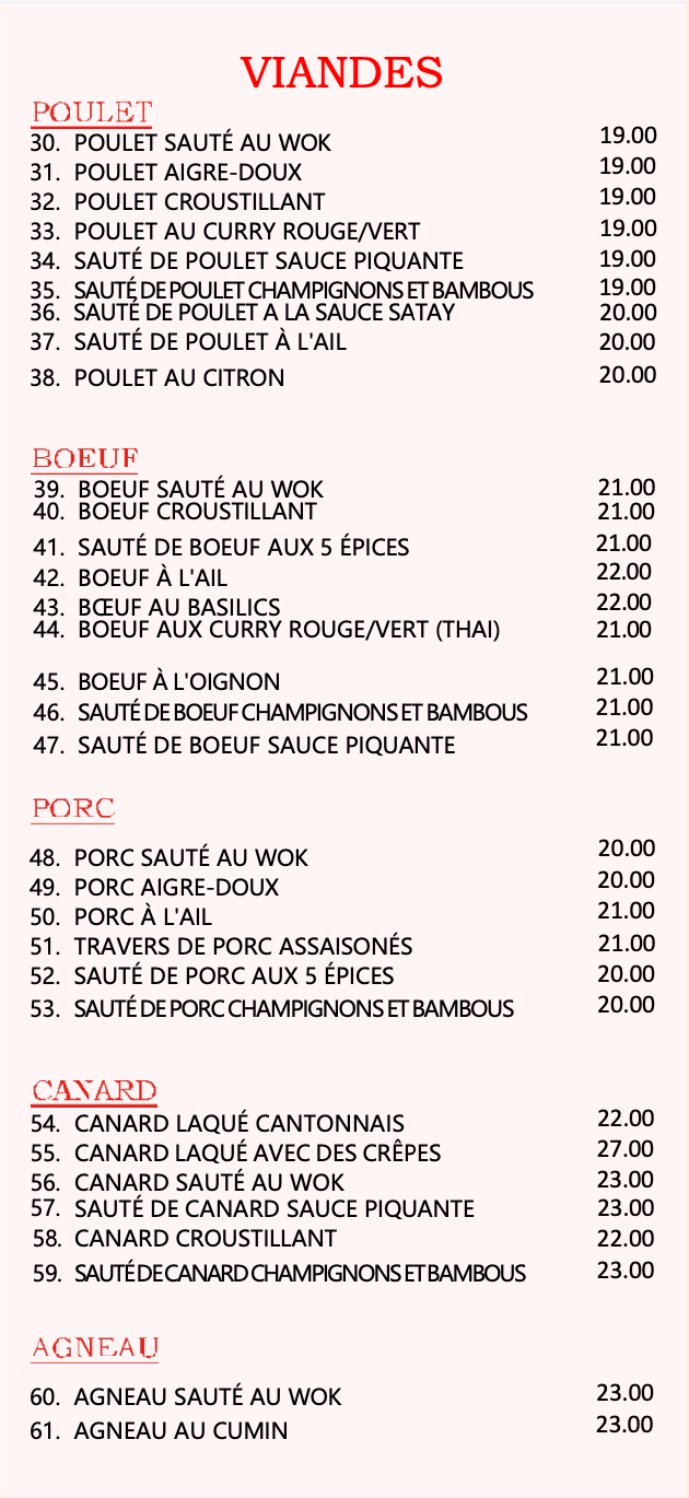 menu à l'emporter de cuisine asiatique chez Xin Yuan