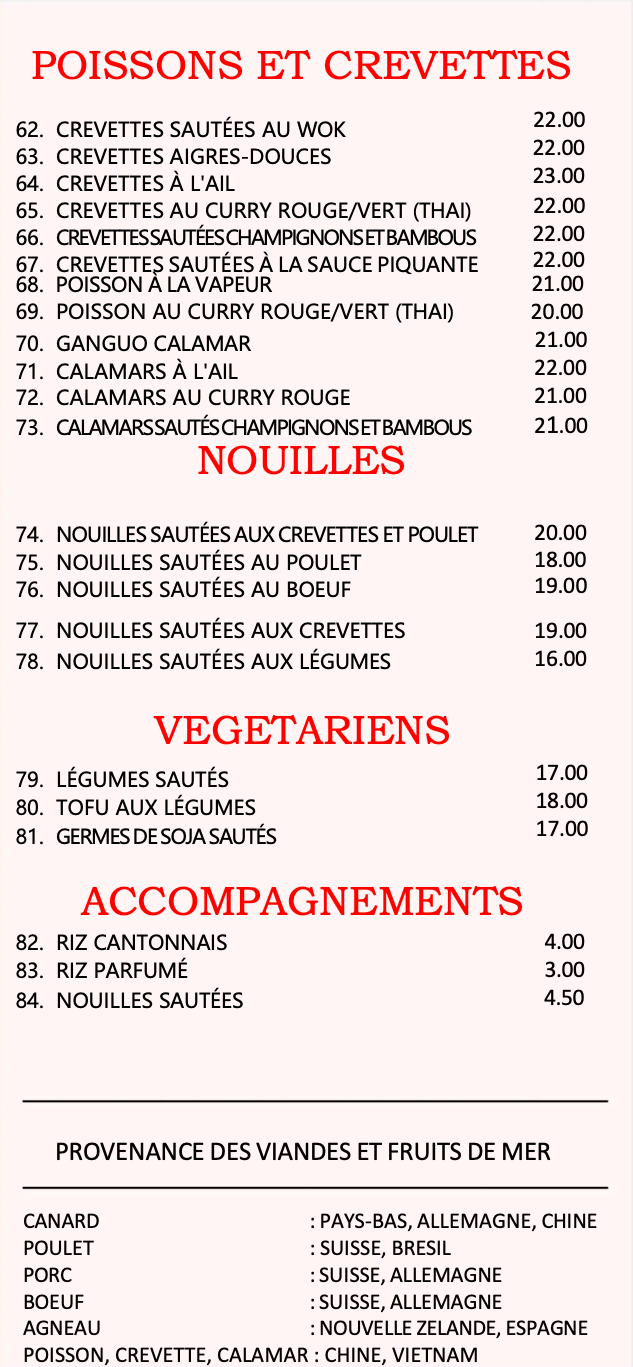 menu à l'emporter de cuisine asiatique chez Xin Yuan