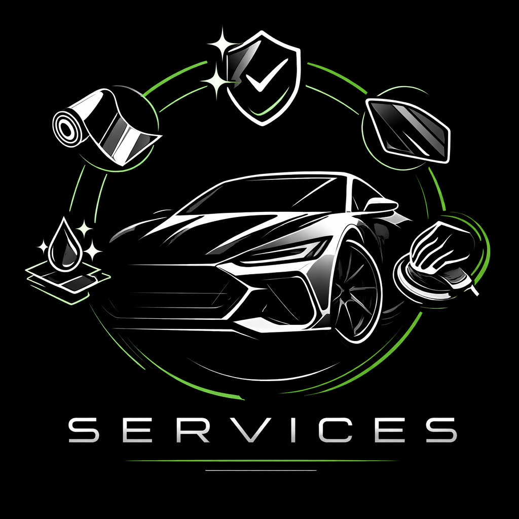 A black and white logo featuring a sleek car surrounded by service icons, a shield, and the word SERVICES in green lines.