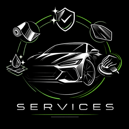 Black automotive services logo with sports car and surrounding repair icons in white and green on black background