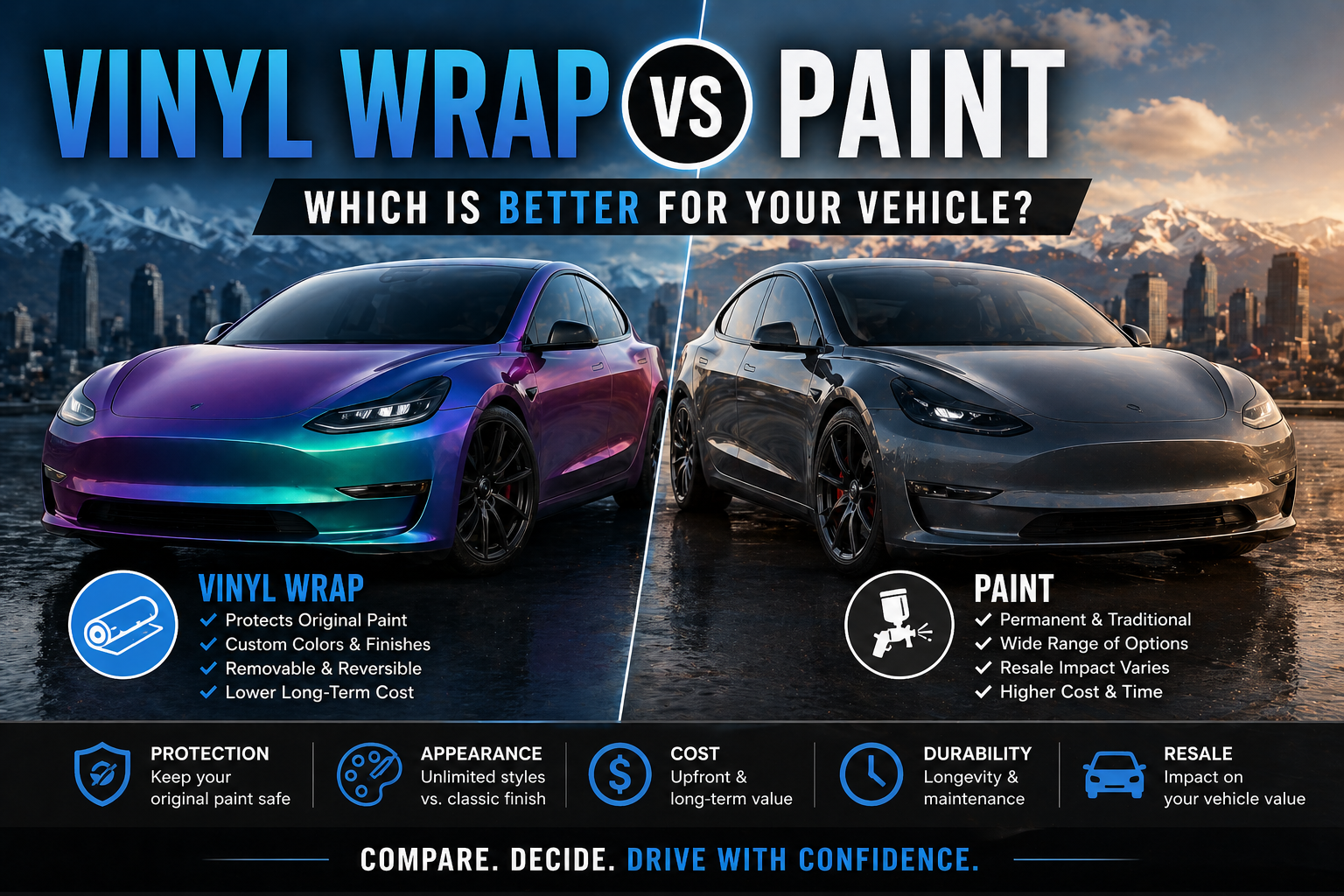 Vinyl wrap vs paint comparison graphic with two sports cars and feature icons on durability, cost, and protection