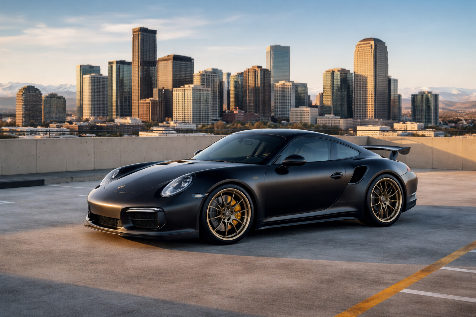 A matte black Porsche 911 GT3 RS with gold wheels parked on a rooftop lot against a sunny city skyline.