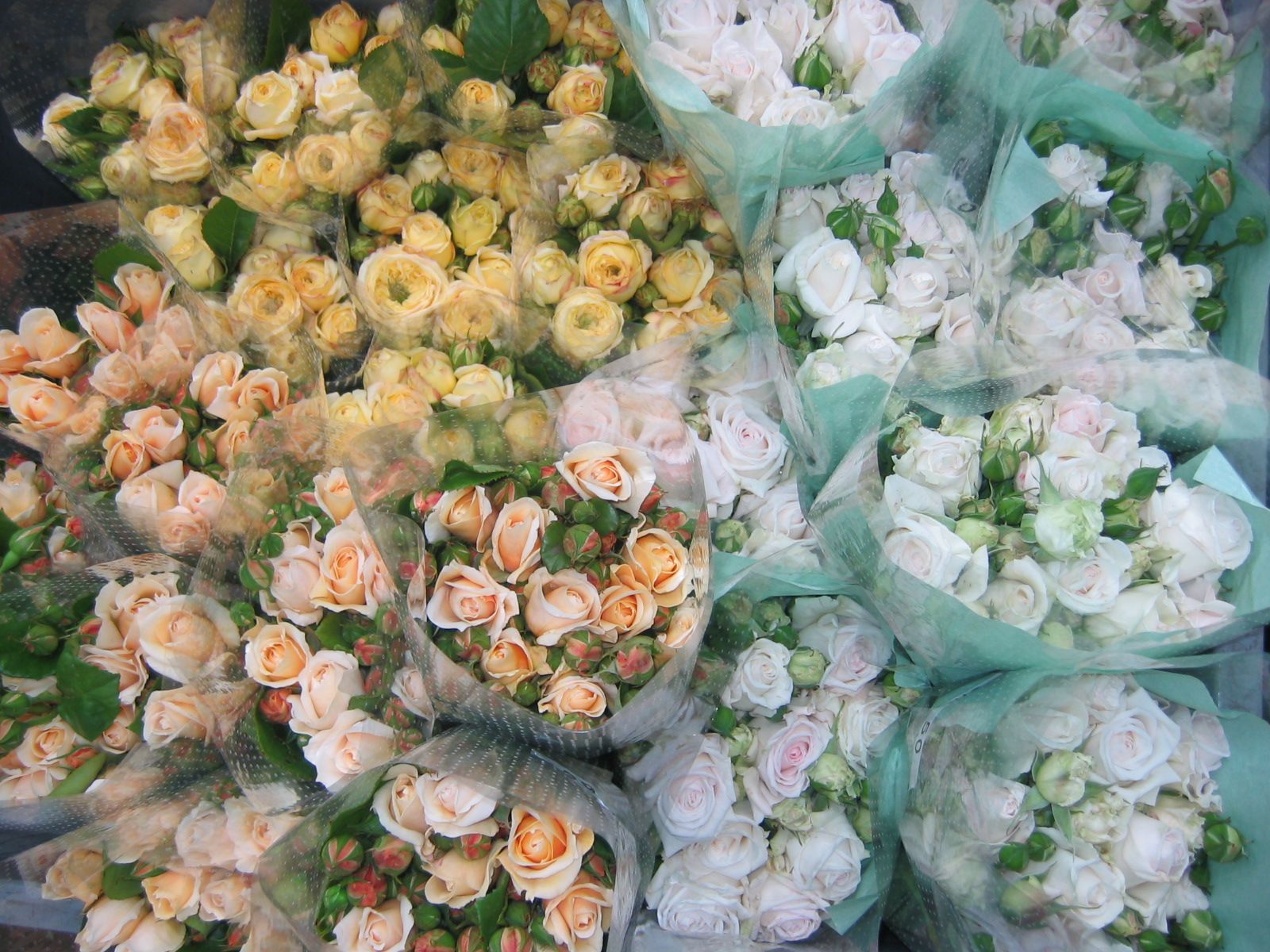 Un mazzo di fiori è disposto uno sopra l'altro su un tavolo.