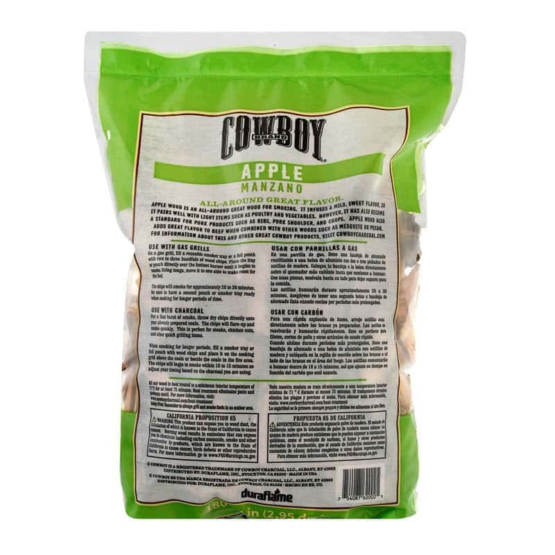 Back of bag of Cowboy Apple Smoking Wood Chips