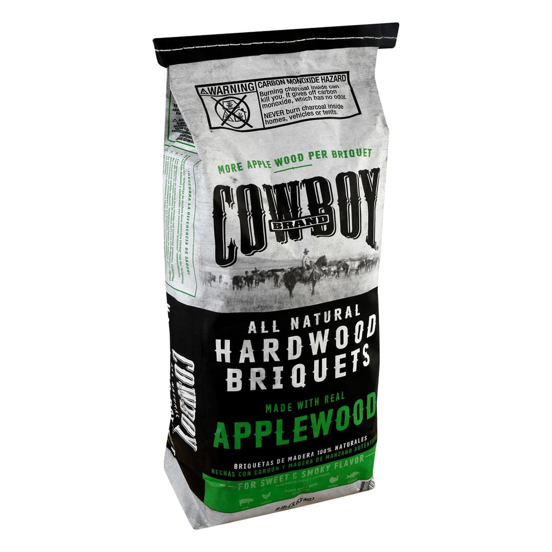 Left facing bag of Cowboy Apple Hardwood Briquets