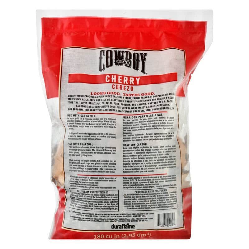 Back of Bag of Cowboy 100% Natural Cherry Smoking Wood Chips