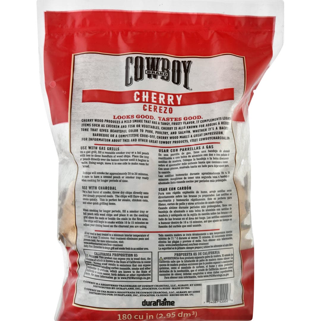 Back of Bag of Cowboy 100% Natural Cherry Smoking Wood Chips