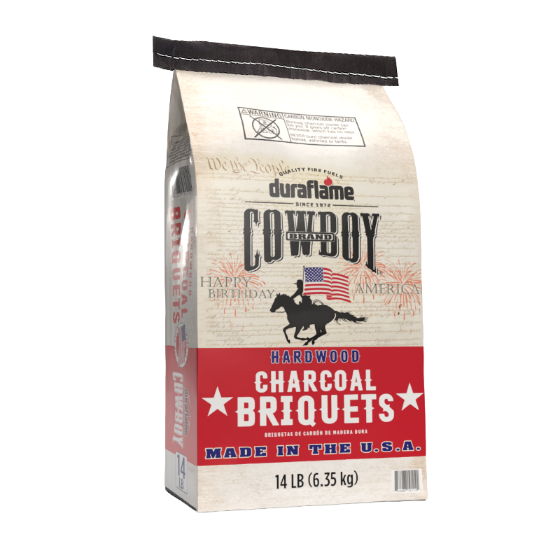 Bag of Duraflame Cowboy charcoal briquets,special Happy Birthday America packaging edition