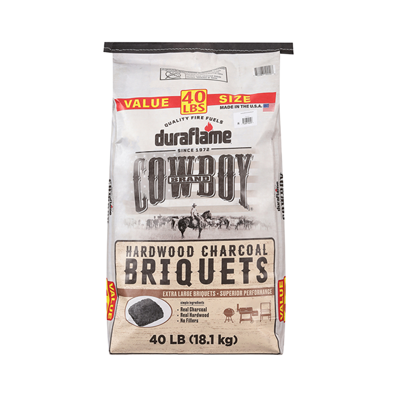 Bag of Cowboy brand hardwood charcoal briquettes, 40 lb