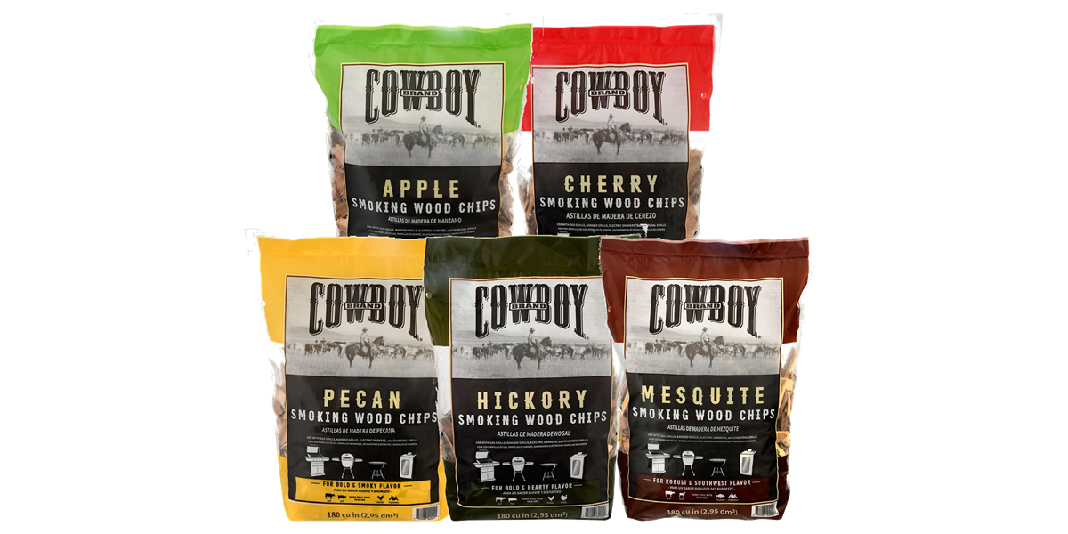 Assortment of Cowboy Smoking Wood Chips apple chips, cherry chips, pecan chips, hickory chips, mesquite chips
