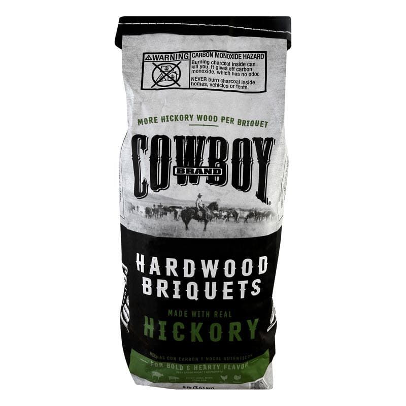 Bag of Cowboy Hickory Hardwood Briquets real wood charcoal, hickory charcoal briquettes, hickory wood charcoal