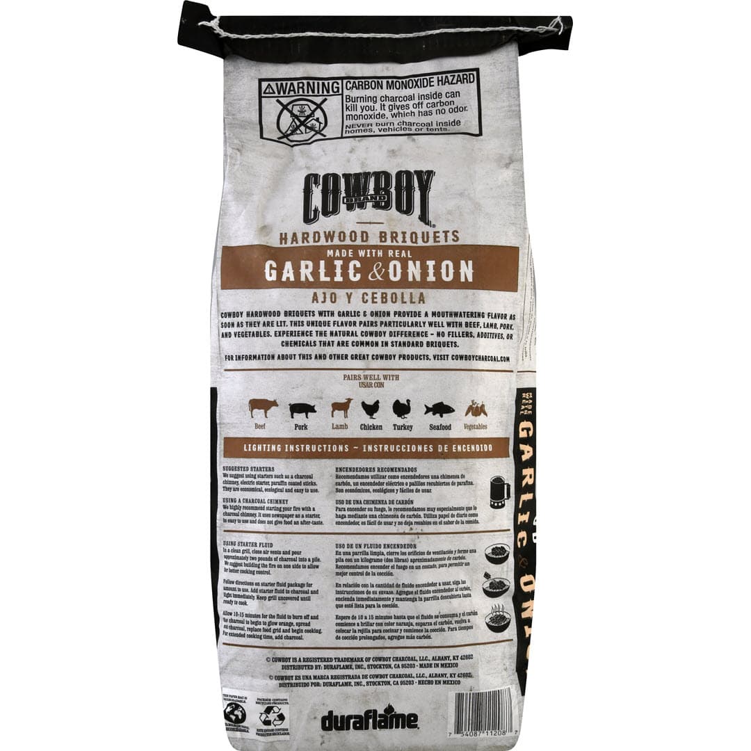 Back of bag of Cowboy Garlic & Onion Hardwood Briquets