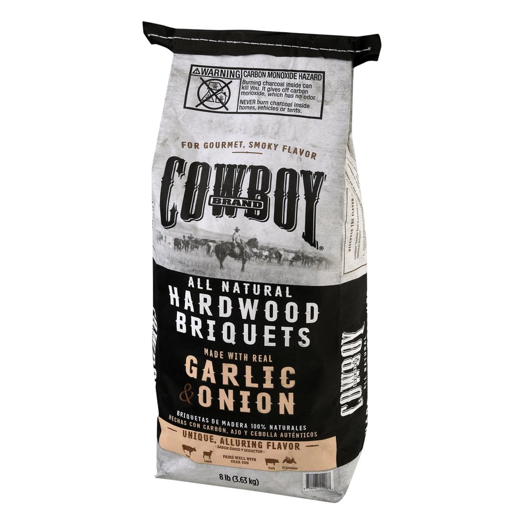 Right facing bag of Cowboy Garlic & Onion Hardwood Briquets