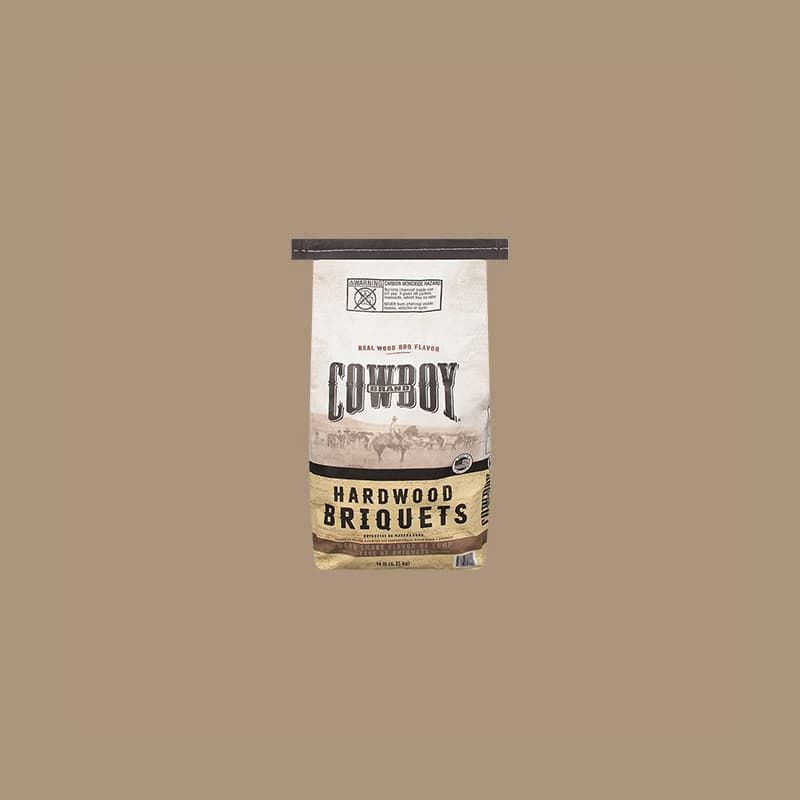 A bag of cowboy hardwood briquets wood charcoal