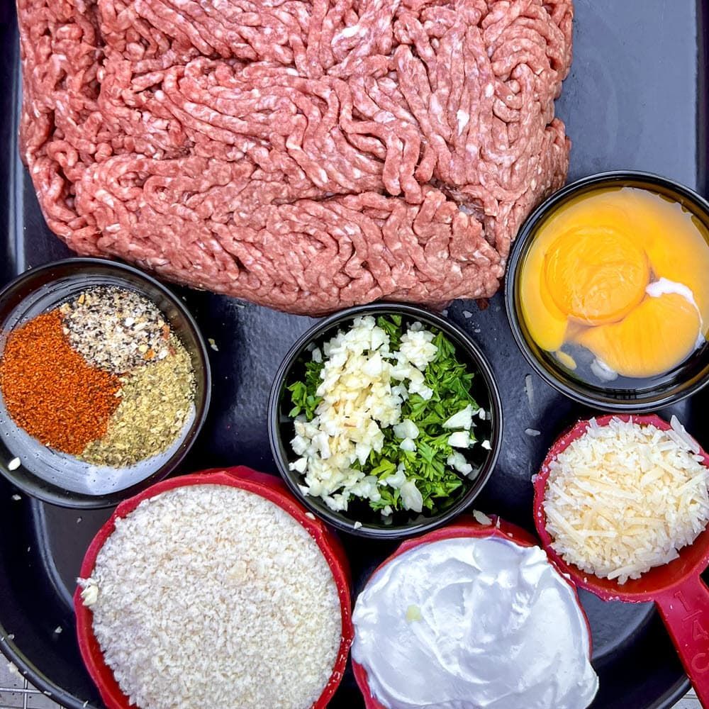 Smoked All Beef Italian Meatballs ingredients, including ground beef, egg yolks & spices 