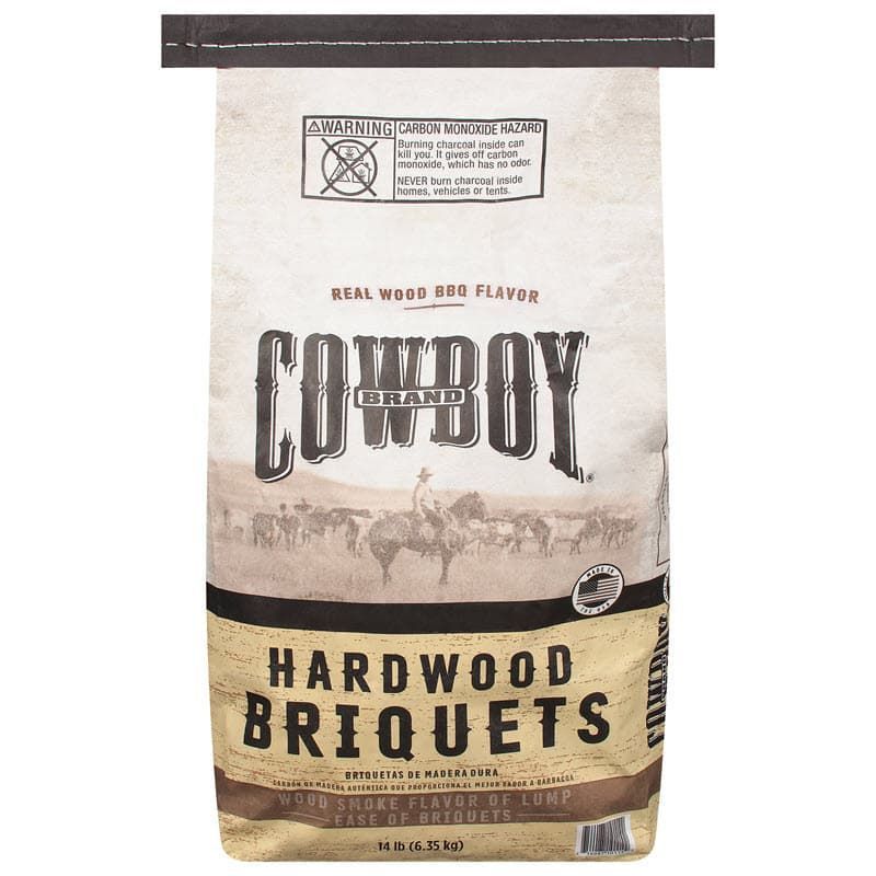 Cowboy Hardwood Briquets 14lb bag front real wood charcoal